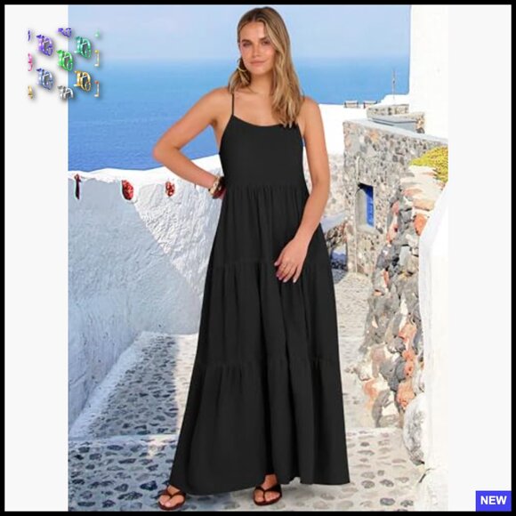Boho Maxi Dress Oversized Tiered Flowy Summer Casual Spaghetti Strap Sundress - Picture 3 of 7